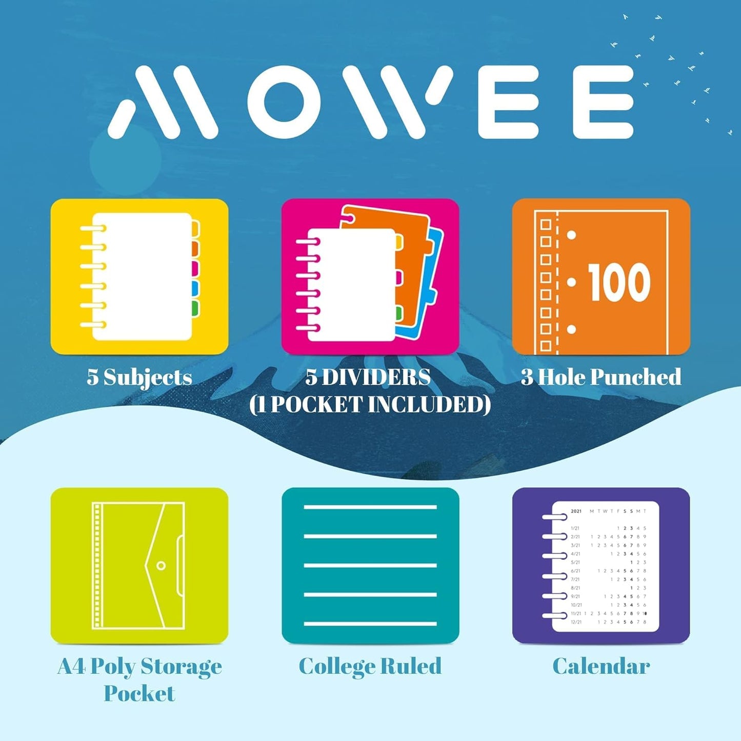 Spiral Notebook - 5 Subject Notebook, College Ruled Notebook 3-Hole Punched with Dividers, Storage Pockets, 11" Ruler, 200 Pages, for Writing Journal, Home &Office, School Supplies(Black)