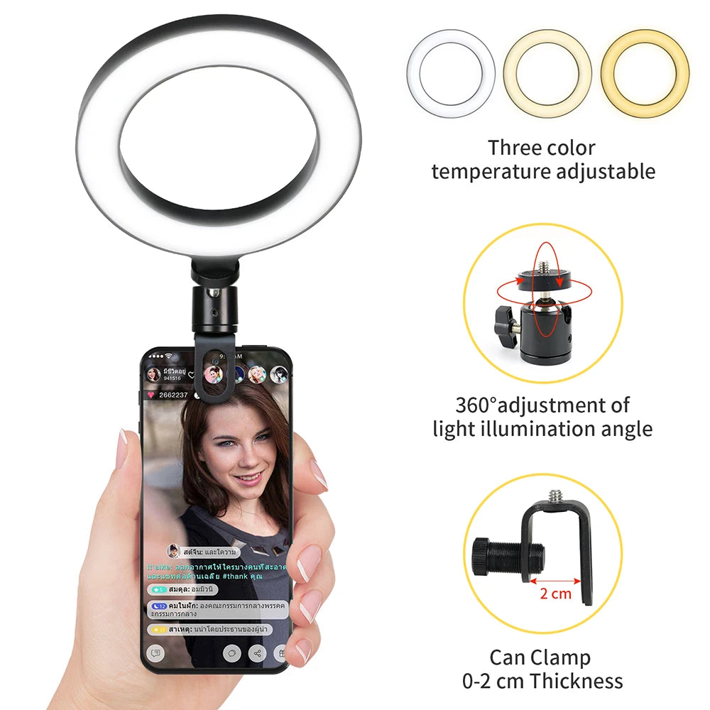 6.3 Inch LED Ring Lights round Lamp Selfie Live Streaming USB Desktop Clip for Youtube Macbook PC Laptop Computer Tiktok Stream