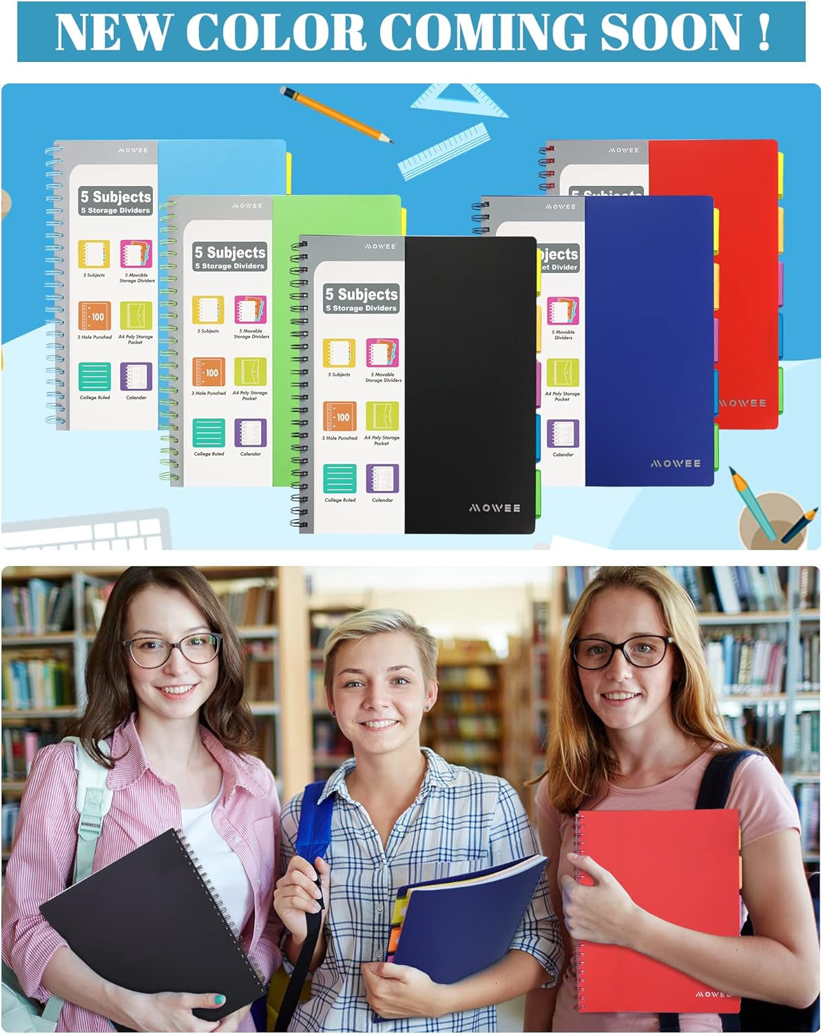 Spiral Notebook - 5 Subject Notebook, College Ruled Notebook 3-Hole Punched with Dividers, Storage Pockets, 11" Ruler, 200 Pages, for Writing Journal, Home &Office, School Supplies(Black)