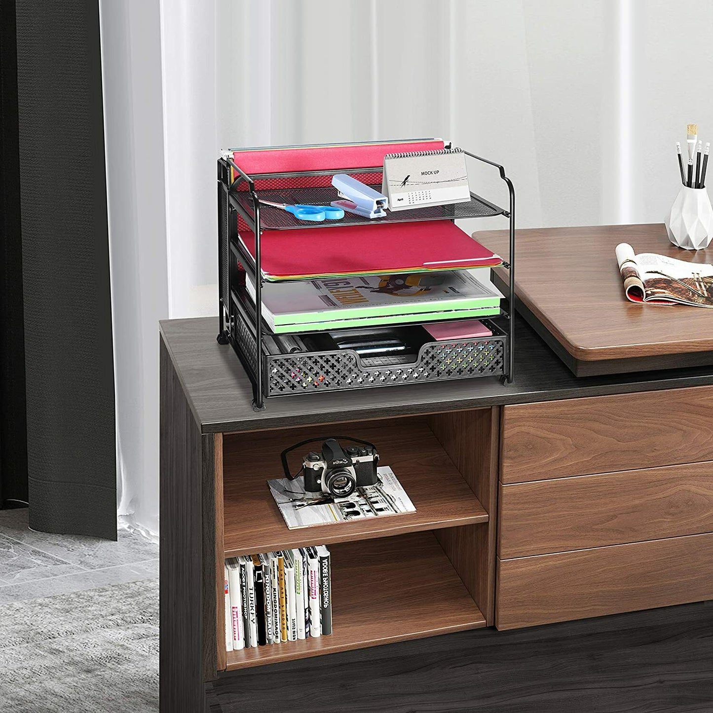 4-Tiers Mesh Office Supplies Desk Organizer, Desktop File Holder for Office Home