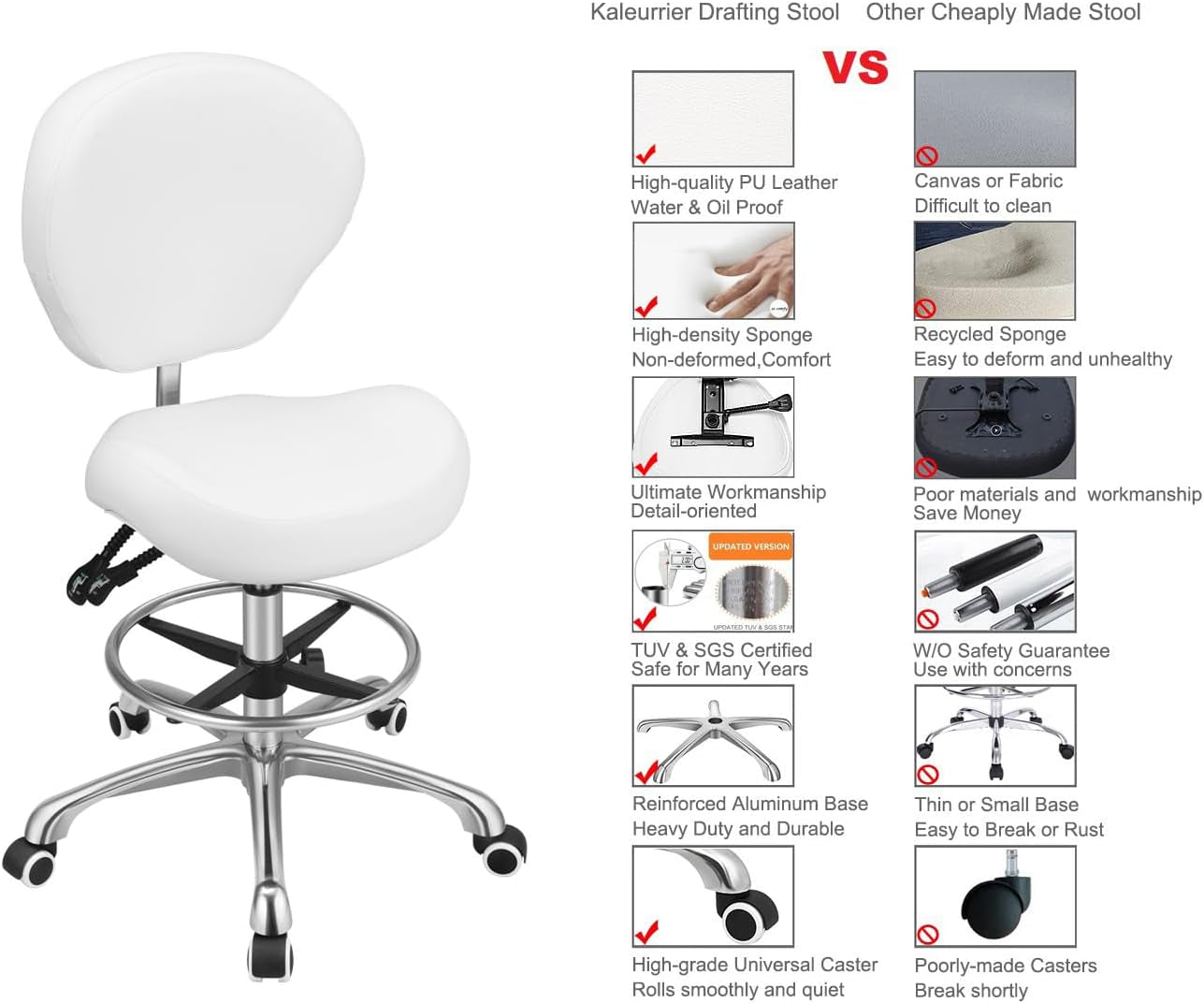 Adjustable Height Drafting Stool Drafting Chair with Backrest & Foot Rest,Swivel Rolling Stools for Work Studio Dental Office Salon Kitchen Counter Tall Home Desk Chairs (White)