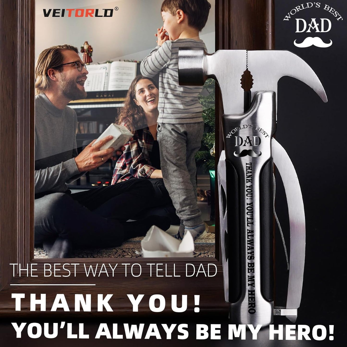 All in One Survival Tools Hammer Multitool with Engraved Wooden Box, Dad Gifts for Christmas, Cool Gifts for Dad Stepdad Who Wants Nothing, Stocking Stuffers for Dad, Personalized Gifts
