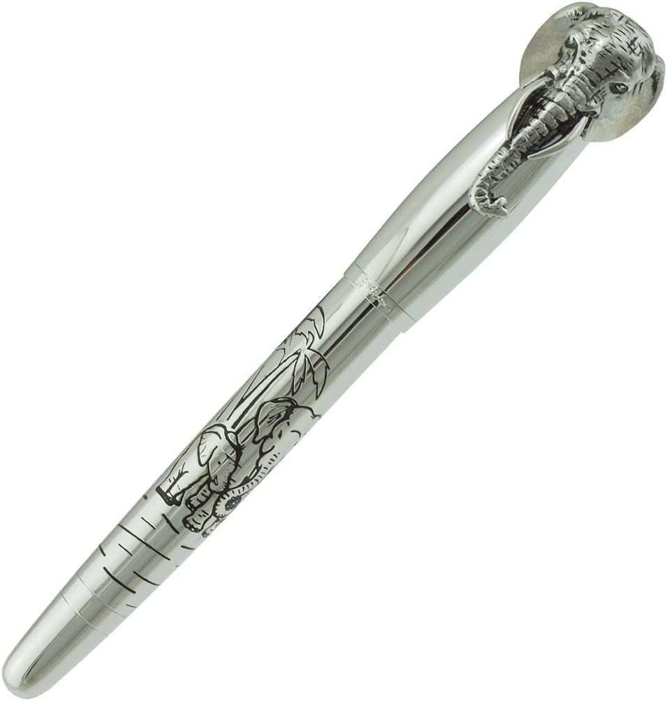 Fuliwen Rollerball Pen, Silver Stainless Steel Body Elephant Pattern Gift Pen