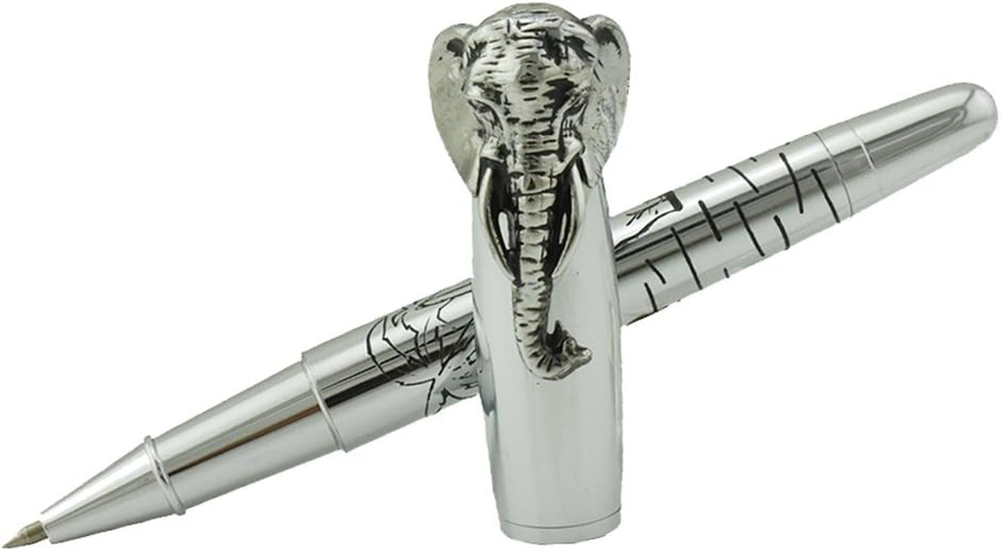 Fuliwen Rollerball Pen, Silver Stainless Steel Body Elephant Pattern Gift Pen