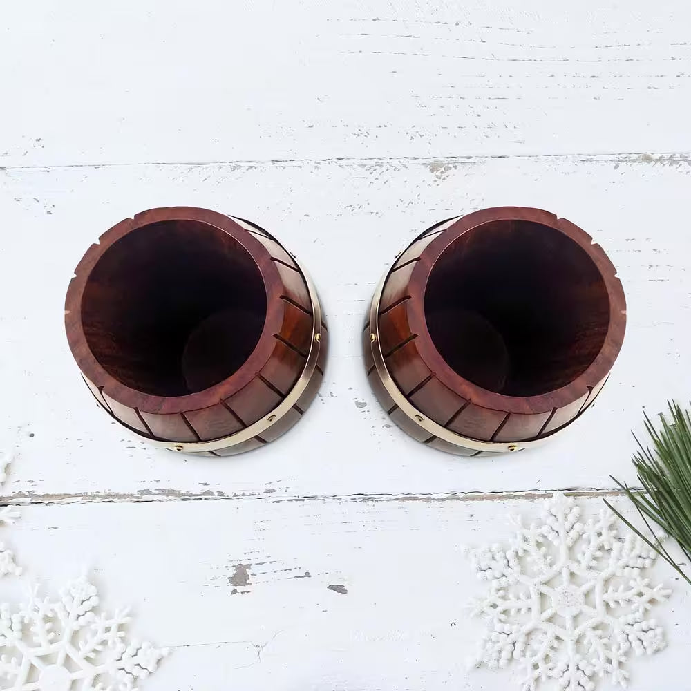 Set of Two Decorative Wine Barrel Shaped Wooden Pen Holders for Office Desk, or Entryway