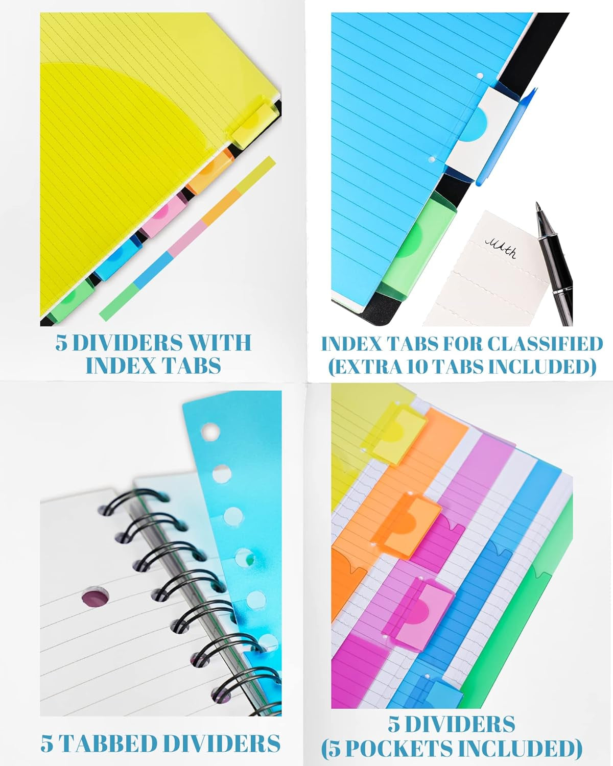 Spiral Notebook - 5 Subject Notebook, College Ruled Notebook 3-Hole Punched with Dividers, Storage Pockets, 11" Ruler, 200 Pages, for Writing Journal, Home &Office, School Supplies(Black)
