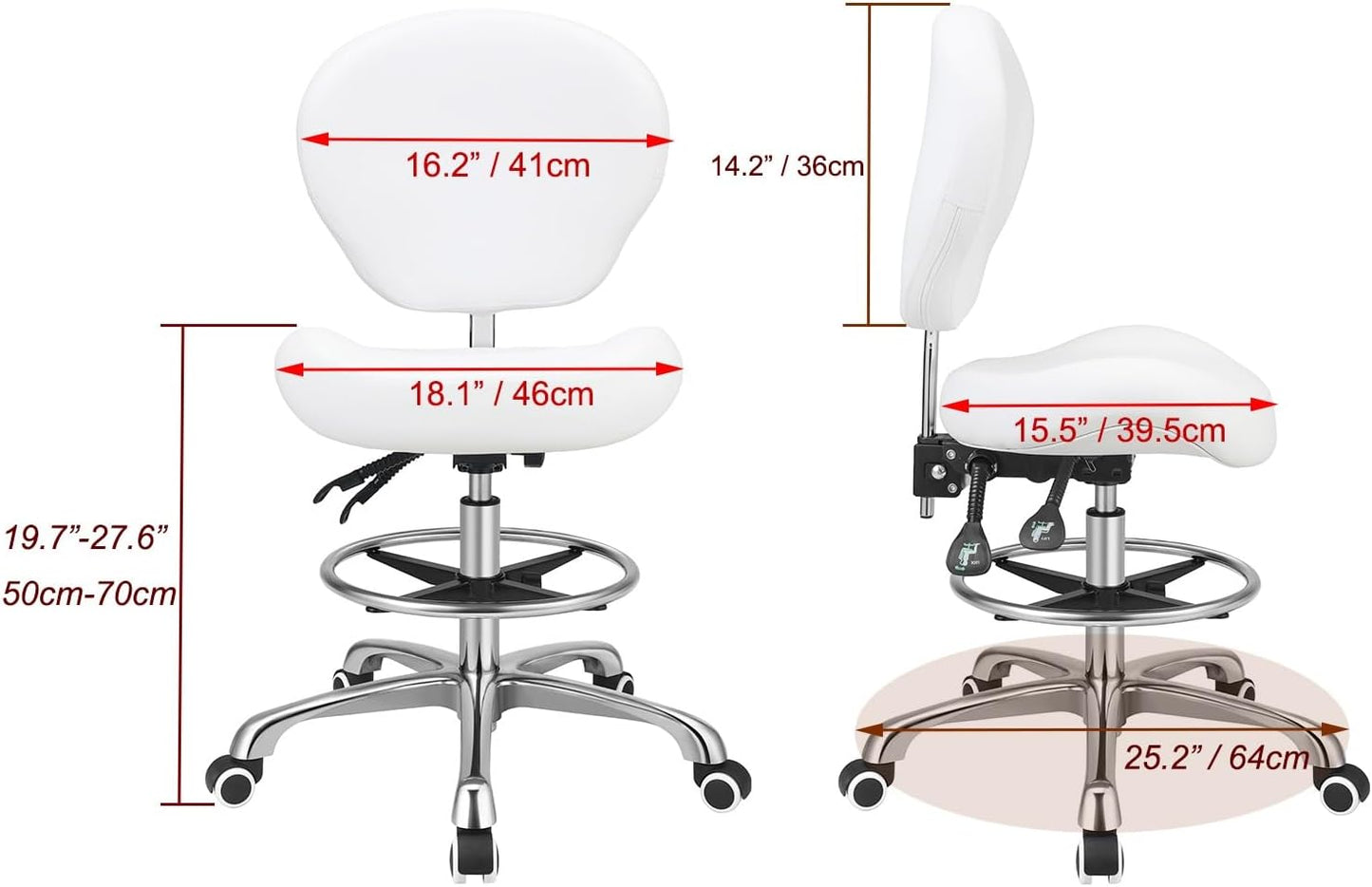 Adjustable Height Drafting Stool Drafting Chair with Backrest & Foot Rest,Swivel Rolling Stools for Work Studio Dental Office Salon Kitchen Counter Tall Home Desk Chairs (White)