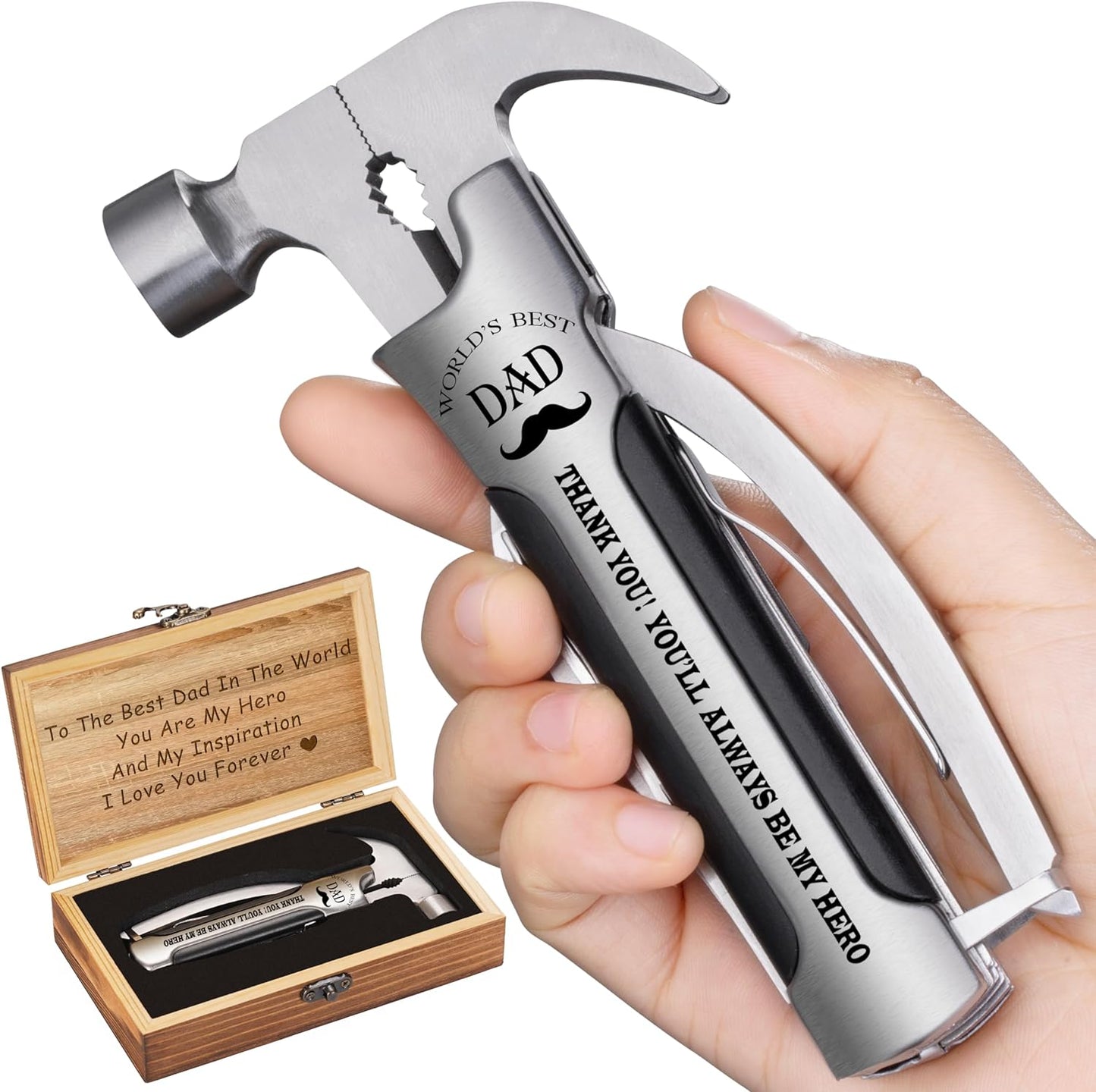 All in One Survival Tools Hammer Multitool with Engraved Wooden Box, Dad Gifts for Christmas, Cool Gifts for Dad Stepdad Who Wants Nothing, Stocking Stuffers for Dad, Personalized Gifts
