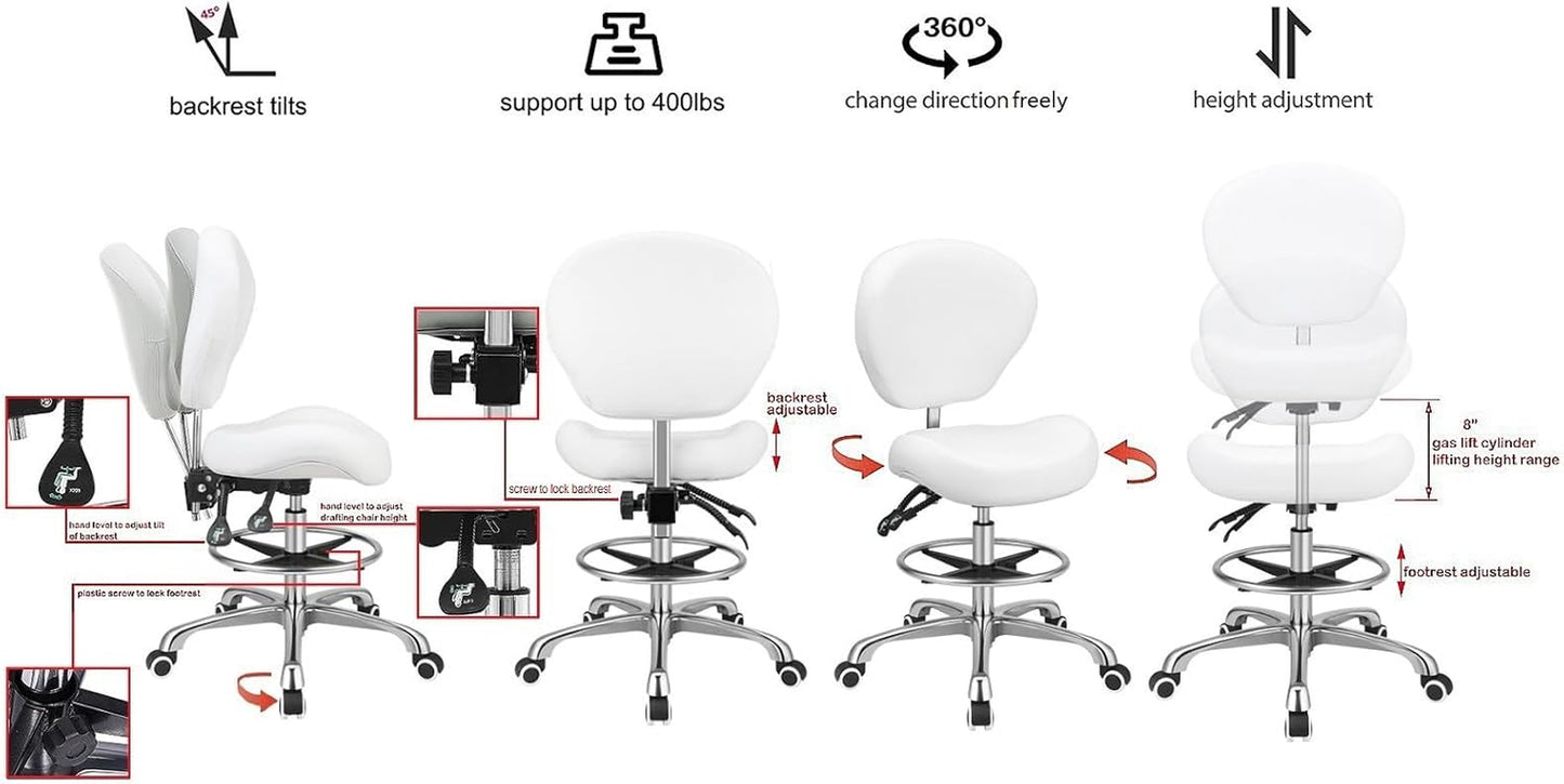 Adjustable Height Drafting Stool Drafting Chair with Backrest & Foot Rest,Swivel Rolling Stools for Work Studio Dental Office Salon Kitchen Counter Tall Home Desk Chairs (White)