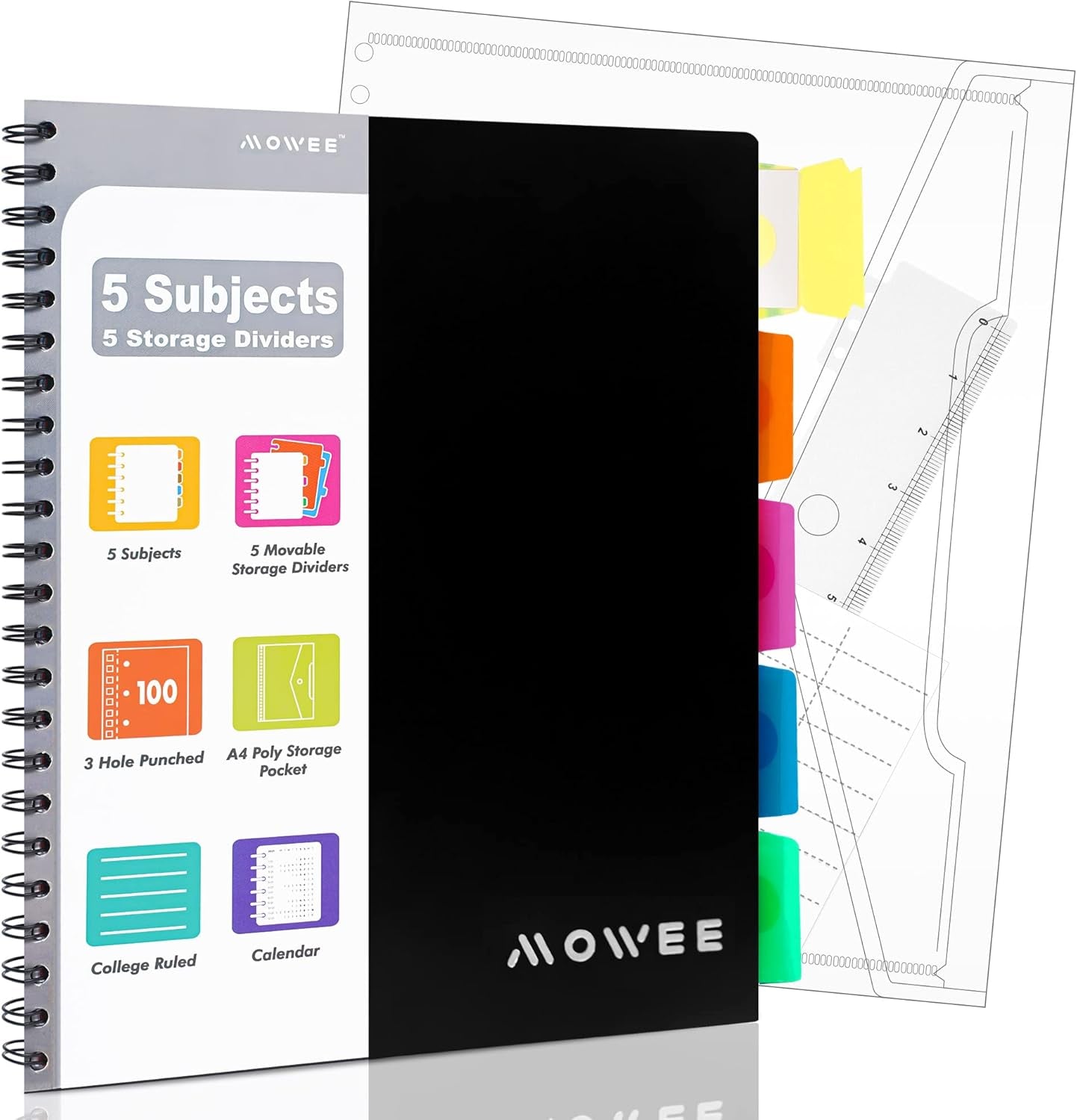 Spiral Notebook - 5 Subject Notebook, College Ruled Notebook 3-Hole Punched with Dividers, Storage Pockets, 11" Ruler, 200 Pages, for Writing Journal, Home &Office, School Supplies(Black)