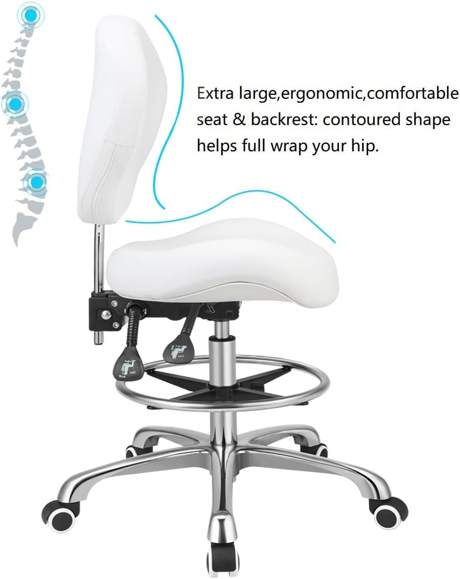Adjustable Height Drafting Stool Drafting Chair with Backrest & Foot Rest,Swivel Rolling Stools for Work Studio Dental Office Salon Kitchen Counter Tall Home Desk Chairs (White)
