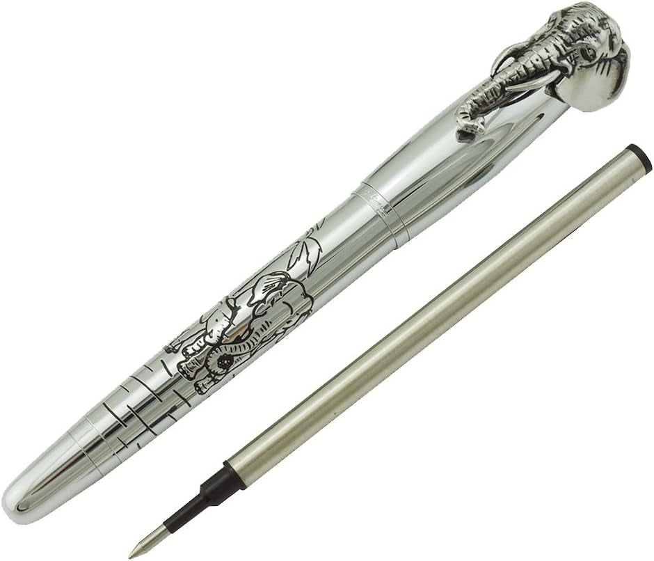 Fuliwen Rollerball Pen, Silver Stainless Steel Body Elephant Pattern Gift Pen