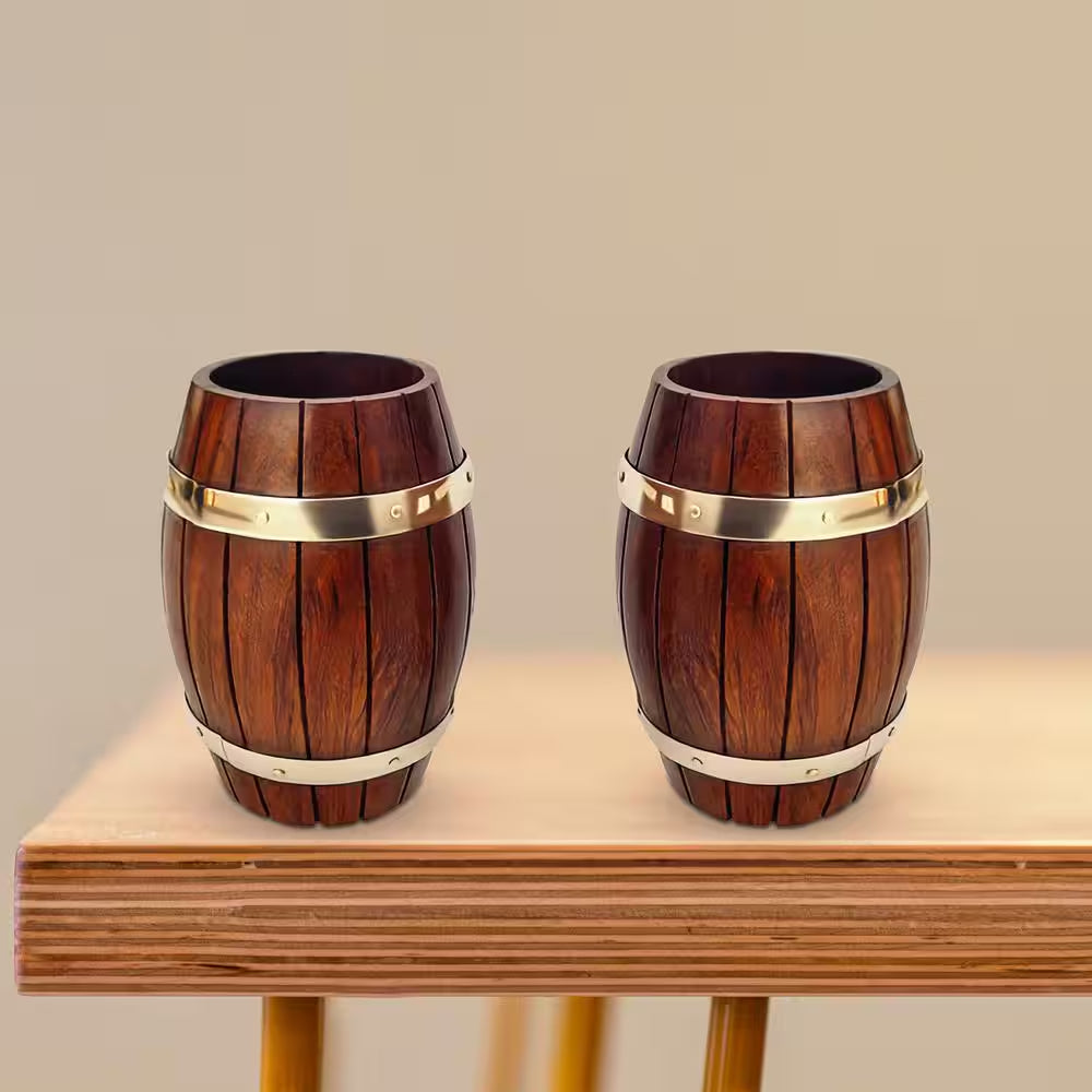Set of Two Decorative Wine Barrel Shaped Wooden Pen Holders for Office Desk, or Entryway