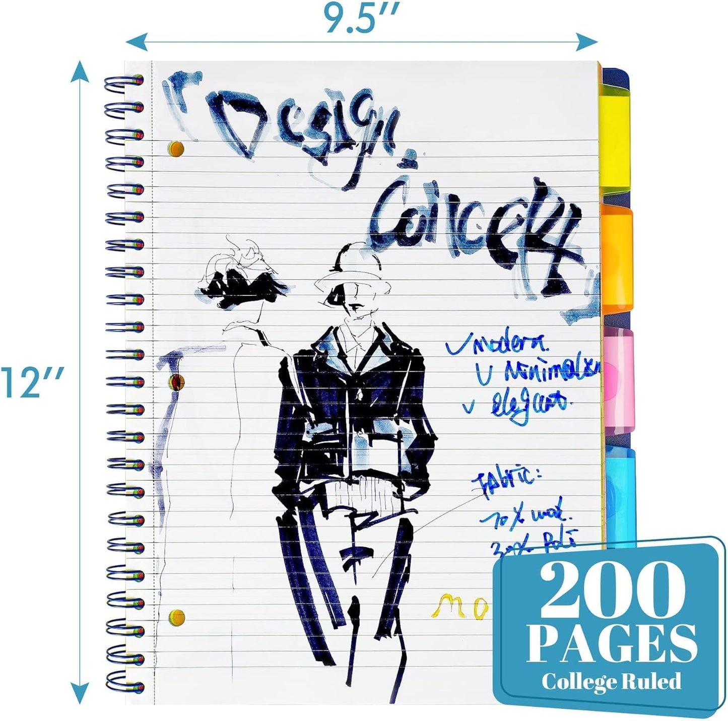Spiral Notebook - 5 Subject Notebook, College Ruled Notebook 3-Hole Punched with Dividers, Storage Pockets, 11" Ruler, 200 Pages, for Writing Journal, Home &Office, School Supplies(Black)